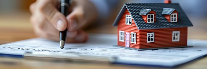 man hand signing real estate transaction in a title company