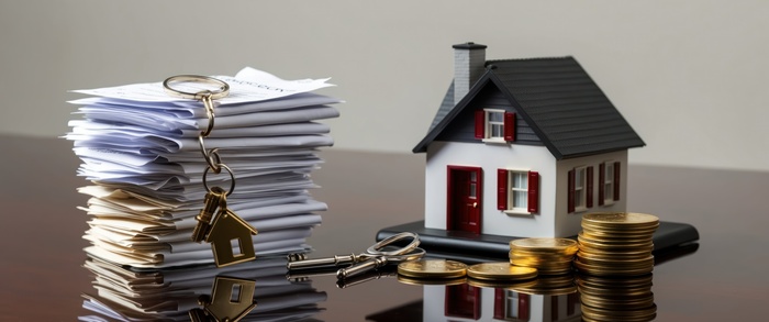 Real Estate Closing- A model house with keys and stacked paperwork, symbolizing real estate transactions and home ownership